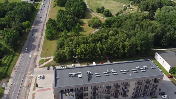 Aerial View, Apartment Building and Green Park in Suburbia of Kaunas, Lithuania