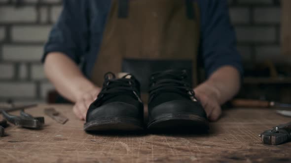 Shoemaker Makes Leather Shoes for Men Sole of Shoe Handmade Craft DIY Process Craftsman Making Boots