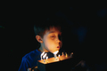 little cute caucasian boy making a wish puffing out candles on cake on his 9 birthday. - PhotoDune Item for Sale