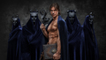 Shirtless man posing against four cultists and dark background - PhotoDune Item for Sale