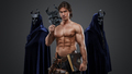 Shirtless man posing against two cultists and dark background - PhotoDune Item for Sale