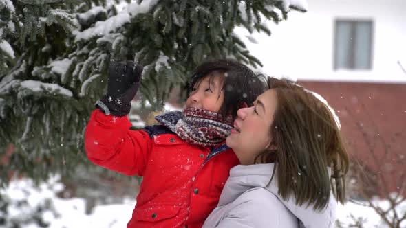 Asian Mother And Son Enjoying Snowy Winter Day Outdoors