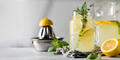 Lemonade with fresh lemon slices and mint leaves in a glass. A summer refreshing drink. Banner - PhotoDune Item for Sale