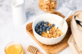 Homemade granola with nuts and fresh blueberries for breakfast. Healthy breakfast. Vegetarian food - PhotoDune Item for Sale