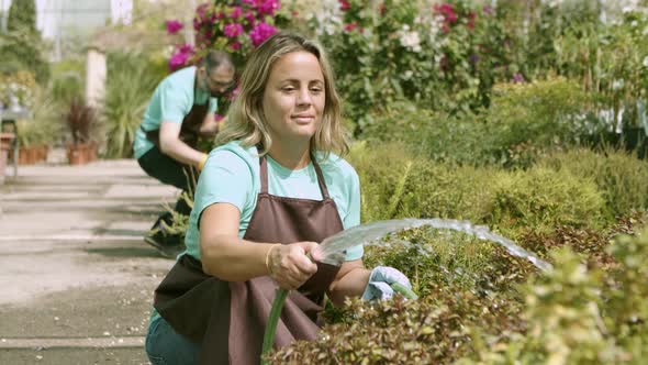 Greenhouse Female Professional Watering Plants From Hose