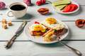 Toasts with vegetables and fried egg and cup of coffee - PhotoDune Item for Sale