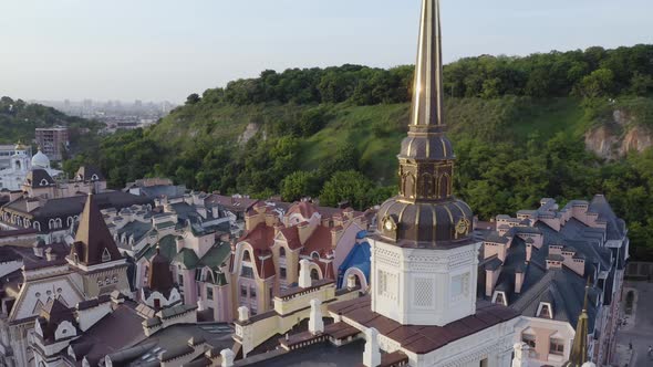 European Town Scape with a Church with Conical Roof