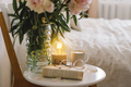 Open book with glasses, cup coffee and bouquet white pink peonies flowers. Read and rest. Cozy home - PhotoDune Item for Sale