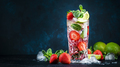 Strawberry Mojito cocktail drink with lime, white rum, soda, cane sugar, mint, and ice in glass - PhotoDune Item for Sale