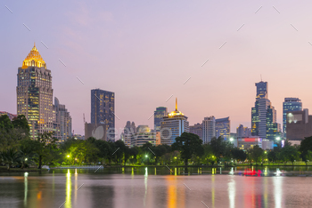  business center district of Bangkok in background at sunset. Travel to Thailand.