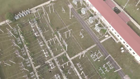 Aerial view of Traction substation of Pokani railway station, Georgia