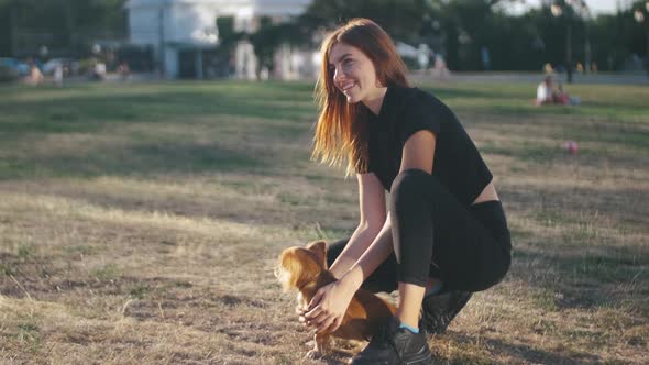 Young Beautiful Woman in the Park with Her Funny Longhaired Chihuahua Dog