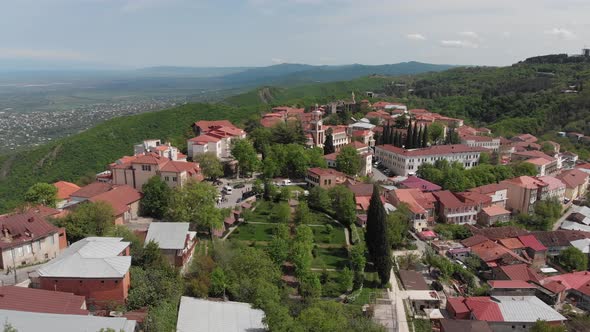 Aerial view of beautiful city of love Sighnaghi. Georgia 2019 spring