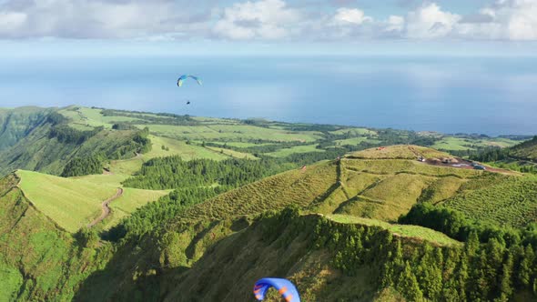 Paragliders Flying in Sky at Miradouro Do Cerrado Das Freiras Sao Miguel Island