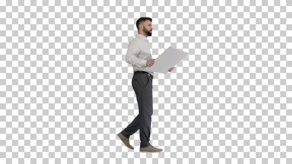 Business man walking and looking at blueprint, Alpha Channel