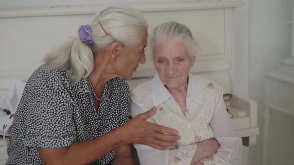 Two Cute Senior Women Speaking Between Themselves in Light Room