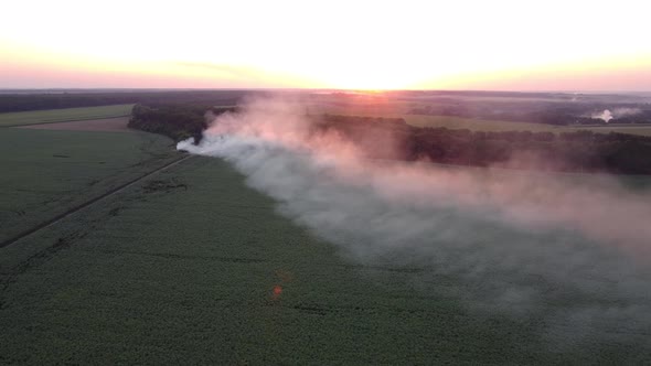 Fire at a Landfill with Garbage Near Agricultural Fields