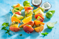 Tasty and sweet skewers with many exotic fruits for snack. - PhotoDune Item for Sale