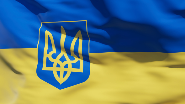 Fluttering in the wind the National flag of the country of Ukraine with Coat of arms of Ukraine