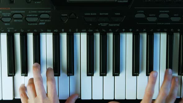 Female Hands Playing Piano. A Woman Touches the Keys with Her Fingers