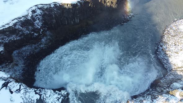 Spectacular Aerial View of Hafragilsfoss Waterfall Over the Canyon