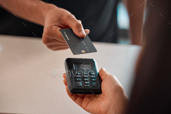 Credit card, hands and payment machine at gym for fitness membership or exercise subscription. Fint