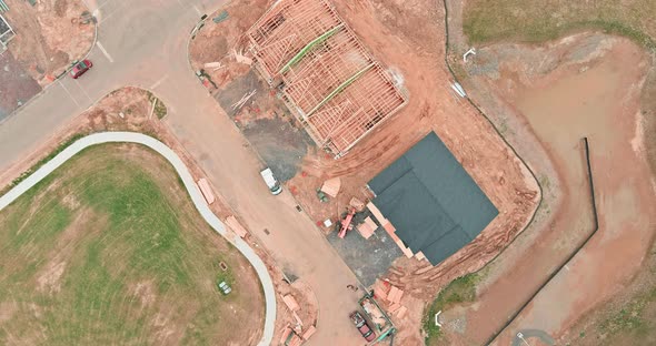 Aerial view of home framing of a new house under construction