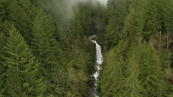 Aerial View of Canadian Mountain Landscape and Waterfall