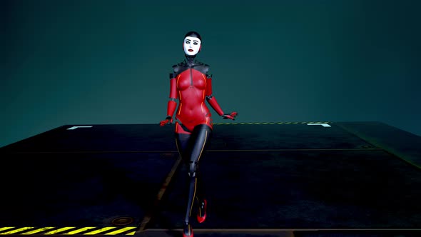 Beautiful Cyborg Girl Defiles on the Catwalk in Neon Light alt