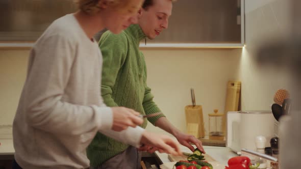 Smiling gay couple cooking in kitchen