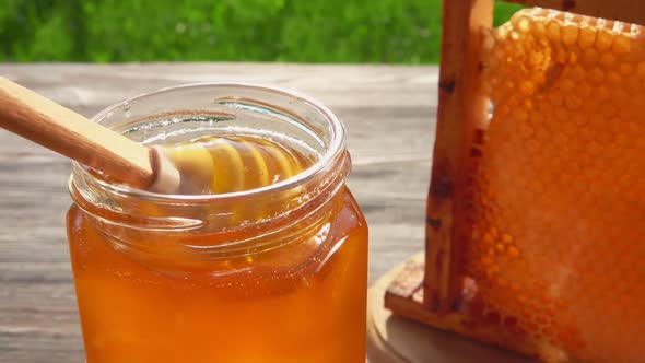 Honey Dipper is Collecting Fresh Yellow Honey From a Glass Jar