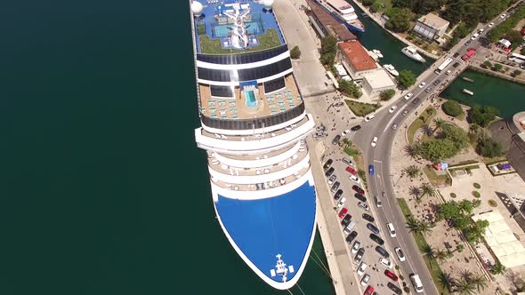 Huge Cruise Ship Stands Off the Coast of the Old Town of Kotor Montenegro