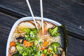 Bowl of ramen with broccoli and carrots on top - PhotoDune Item for Sale