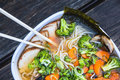 Bowl of ramen with chopsticks and broccoli on top - PhotoDune Item for Sale