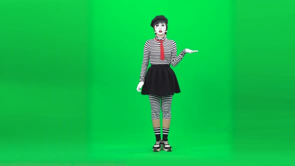 Mime Eating Something, Showing Thumbs Up. Chroma Key. Full Length