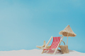 Vacation, beach, travel concept. Composition with lounger, chair, bag on sand - PhotoDune Item for Sale