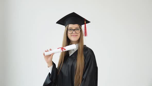 Happy Female Student with Diploma on White Background
