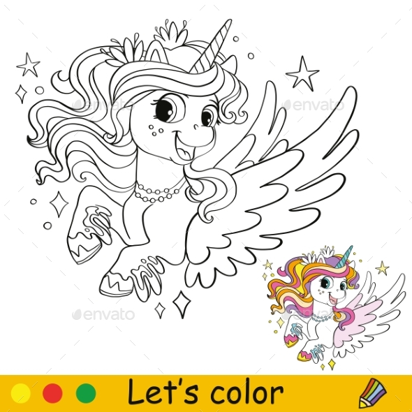 Unicorn Coloring Page with Template Vector