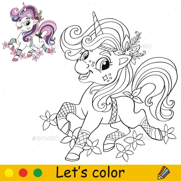 Unicorn Coloring Page with Template Vector