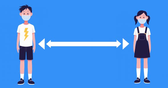 Boy and girl wearing face mask icons maintaining social distance against blue background alt