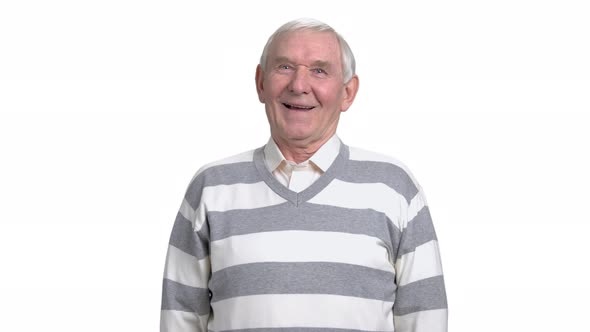 Grandfather Is Laughing on White Background.