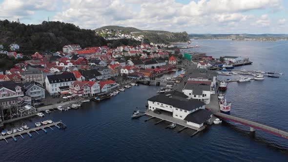 Drone view of charming Kragero town harbour and city centre, Norway