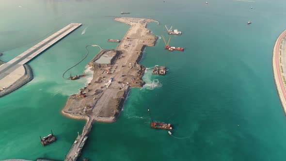 Aerial view of artificial island under construction, Dubai, U.A.E.