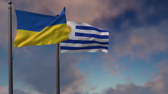 Uruguay Flag Waving Along With The National Flag Of The Ukraine - 4K