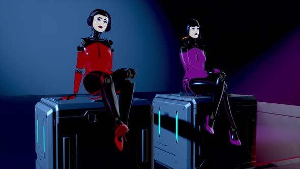Cute Cyborg Girls Sitting on a Cube in Neon Light alt