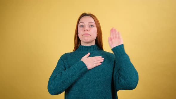 Young Red Hair Woman Posing Isolated on Yellow Color Background Studio