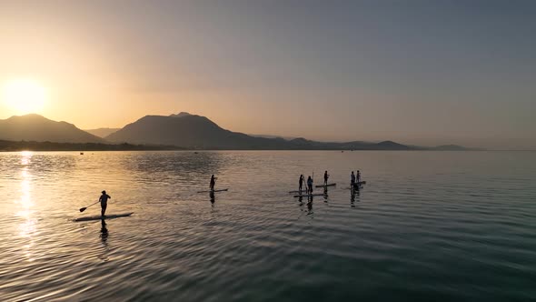 Sup surfing group aerial view 4 K Turkey Alanya