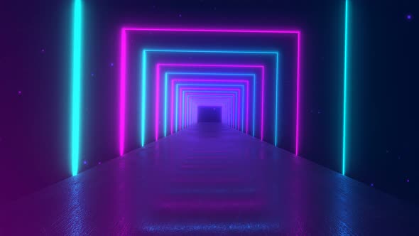 Abstract Motion Geometric Background, Glowing Neon Squares Creating a Rotating Tunnel