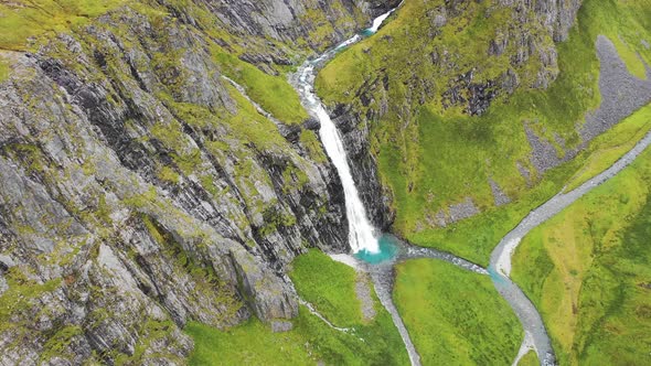 Aerial view of a waterfall in Anderson Bay, Unalaska, Alaska, United States.