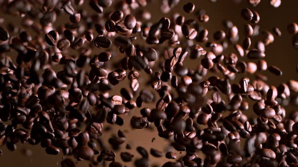 Super Slow Motion Shot of Exploding Premium Coffee Beans on Brown Gradient Background at 1000Fps